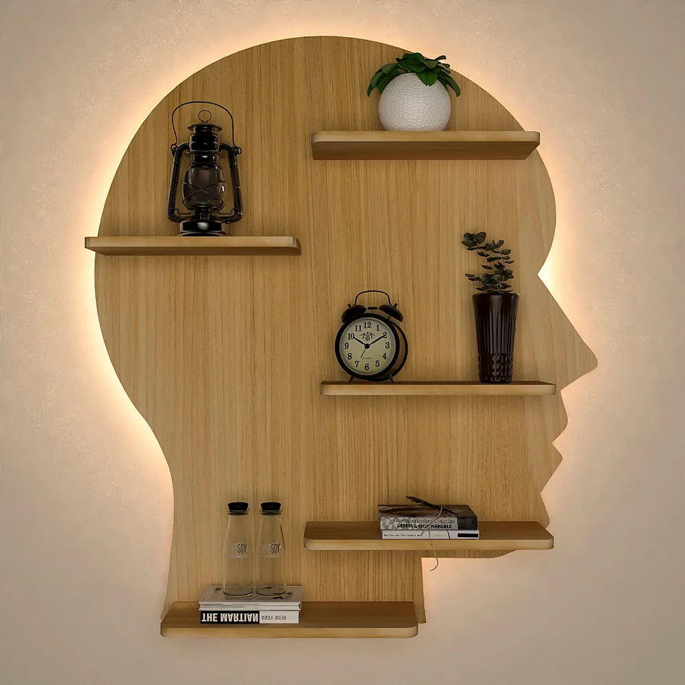 Man Face Backlit Wooden Wall Shelf / Book Shelves / Night Light, Light Oak Finish Regular ( 27 inches x 32 inches )
