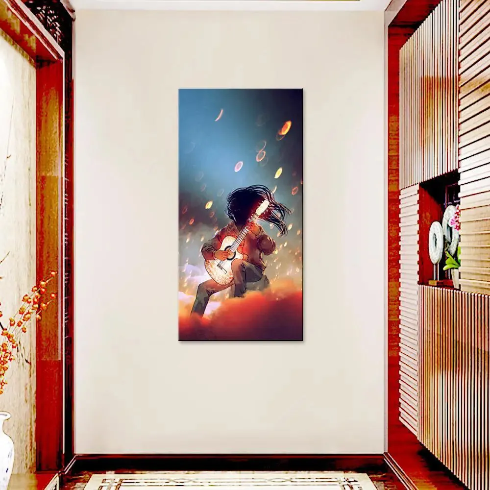 Man Playing The Glowing Guitar Canvas Printed Wall Painting With Frame