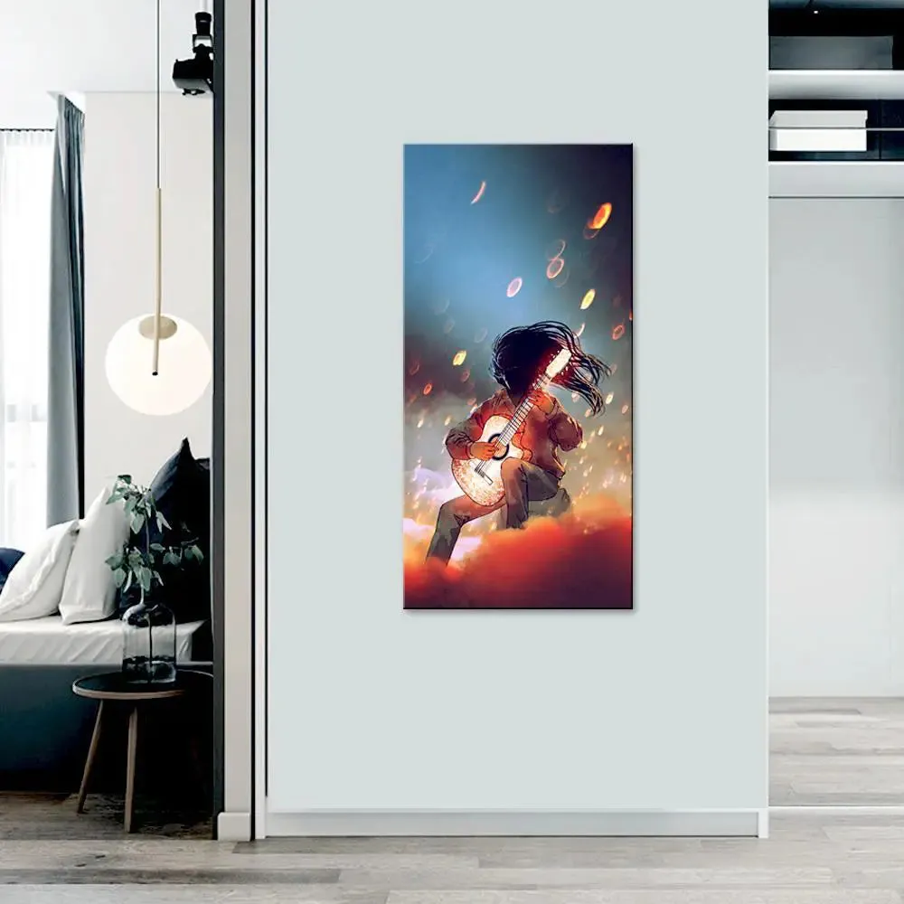 Man Playing The Glowing Guitar Canvas Printed Wall Painting With Frame
