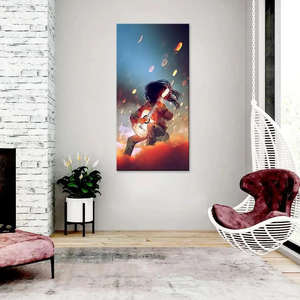 Man Playing The Glowing Guitar Canvas Printed Wall Painting With Frame