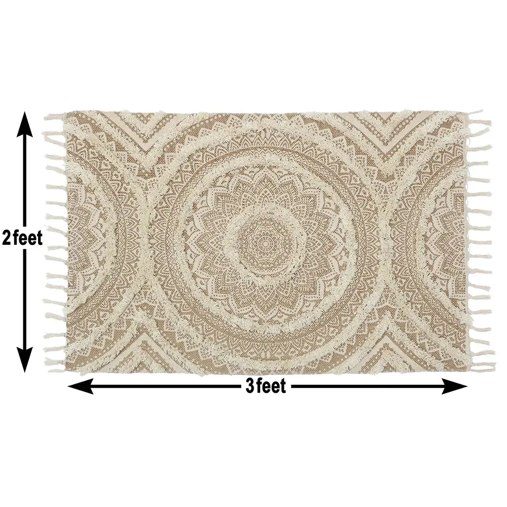Mandala Design Beige Handmade Tufted 100% Cotton Non-Slip Washable Area Rug- 2x3 ft