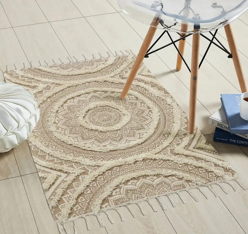 Mandala Design Beige Handmade Tufted 100% Cotton Non-Slip Washable Area Rug- 2x3 ft