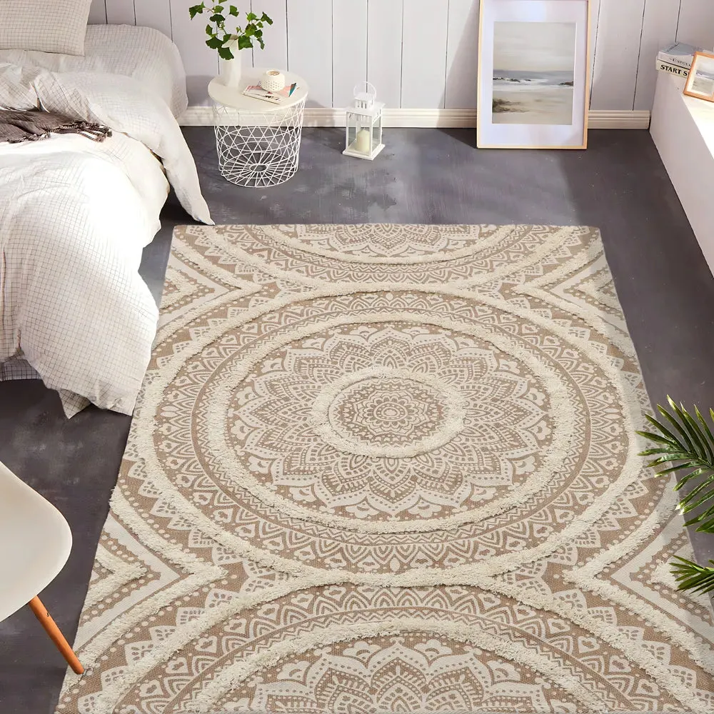 Mandala Design Beige Handmade Tufted 100% Cotton Non-Slip Washable Area Rug- 4x6 ft