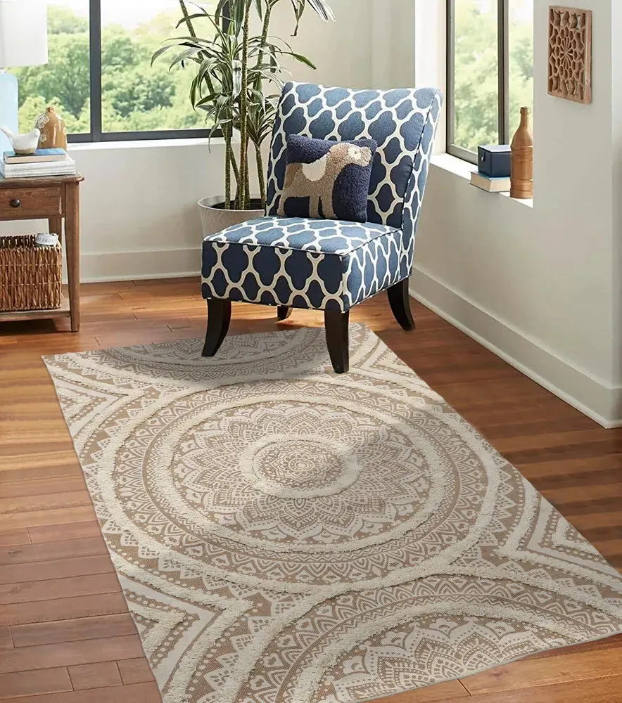 Mandala Design Beige Handmade Tufted 100% Cotton Non-Slip Washable Area Rug- 4x6 ft