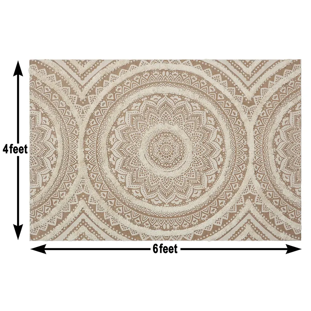 Mandala Design Beige Handmade Tufted 100% Cotton Non-Slip Washable Area Rug- 4x6 ft
