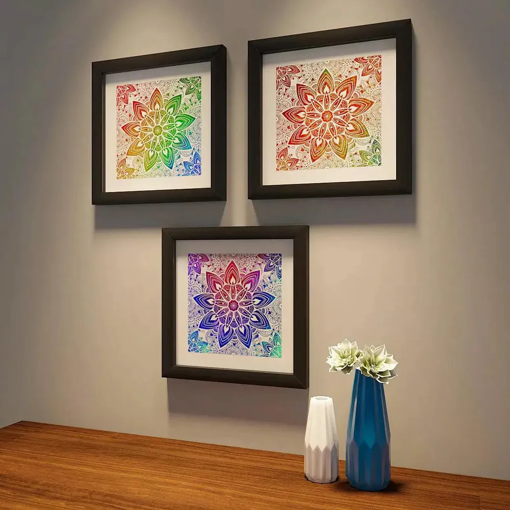 Mandala Painting with  Set of 3 - / Black Color Frame / Break Resistant Clear Acrylic Glass