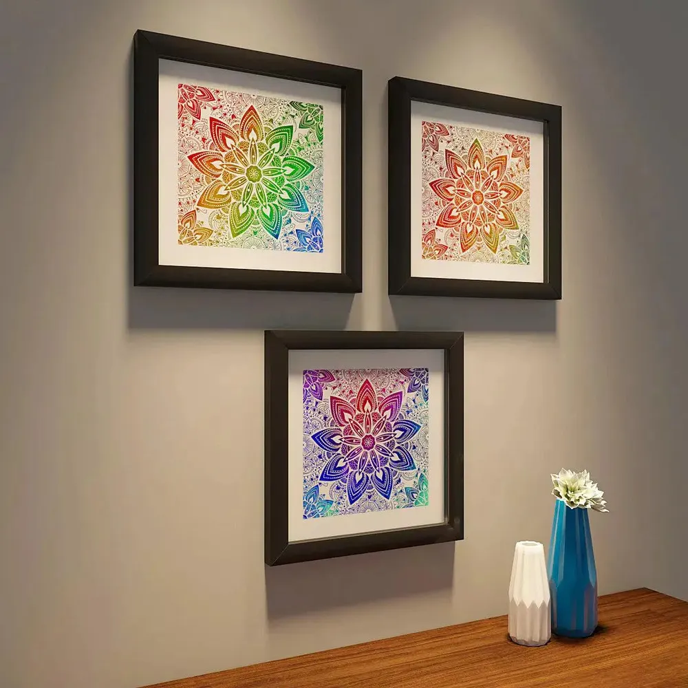 Mandala Painting with  Set of 3 - / Black Color Frame / Break Resistant Clear Acrylic Glass
