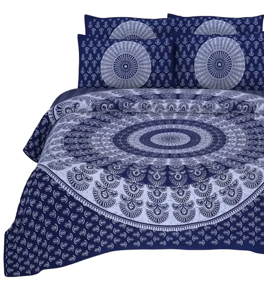Mandala Print Navy Blue 144 TC Cotton Double Bedsheet with Pillow Covers