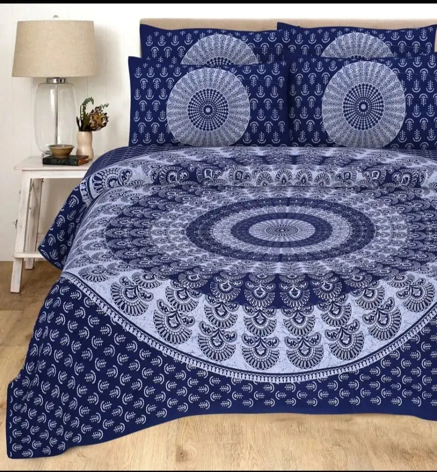 Mandala Print Navy Blue 144 TC Cotton Double Bedsheet with Pillow Covers
