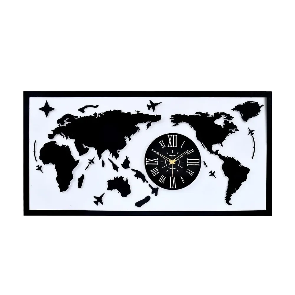 WallMantra Map With Analog Clock Wall Hanging Black & White Metal Wall Art