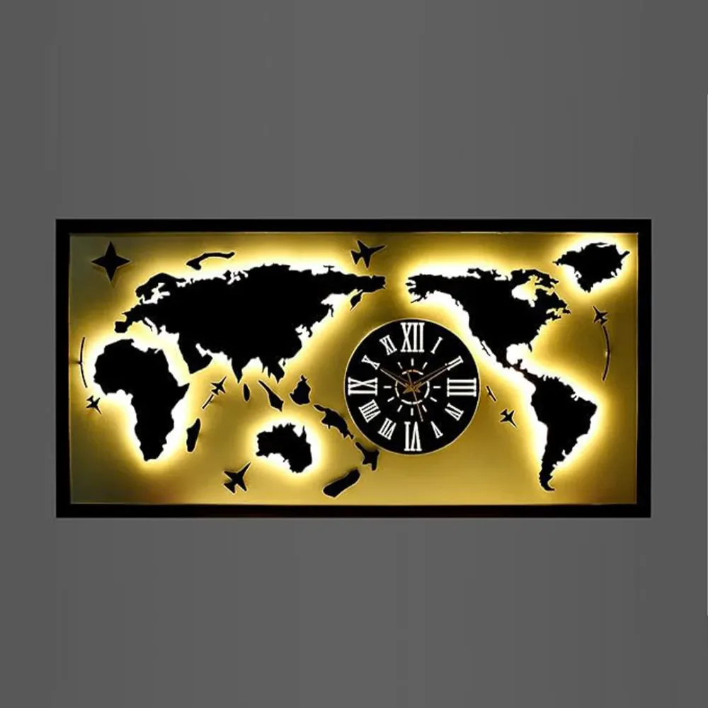 WallMantra Map With Analog Clock Wall Hanging Black & White Metal Wall Art