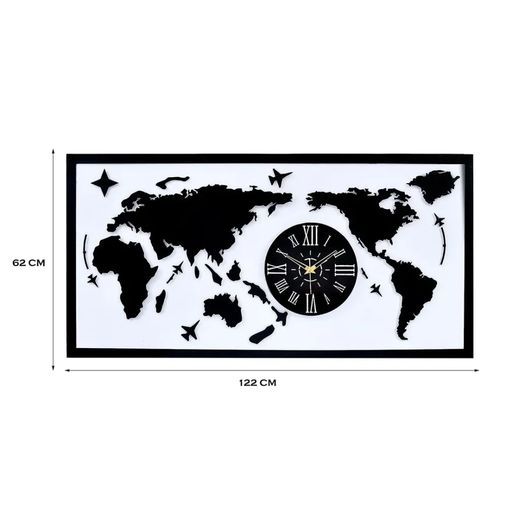 WallMantra Map With Analog Clock Wall Hanging Black & White Metal Wall Art