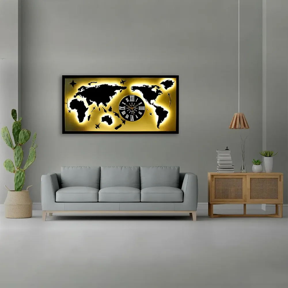 WallMantra Map With Analog Clock Wall Hanging Black & White Metal Wall Art