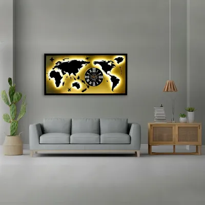 WallMantra Map With Analog Clock Wall Hanging Black & White Metal Wall Art