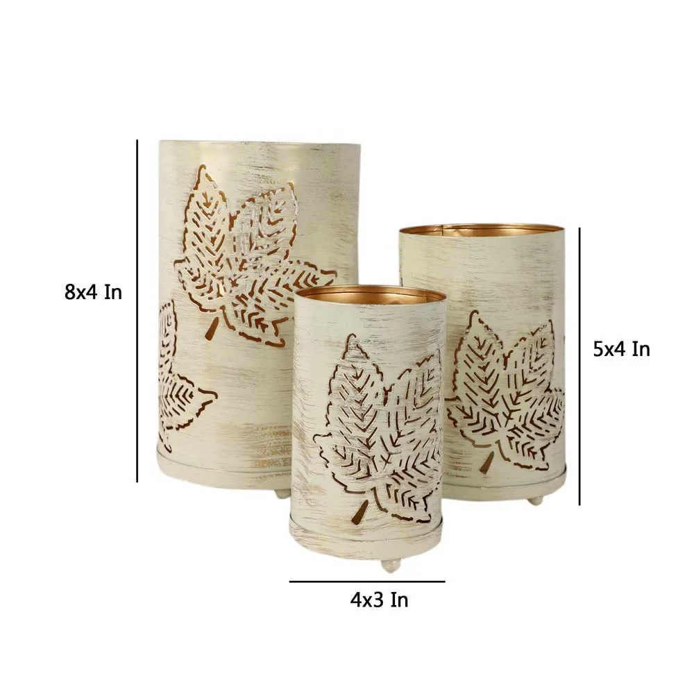 Maple Carved White Cylindrical Metal Tea Light Candle Holders Set Of 3