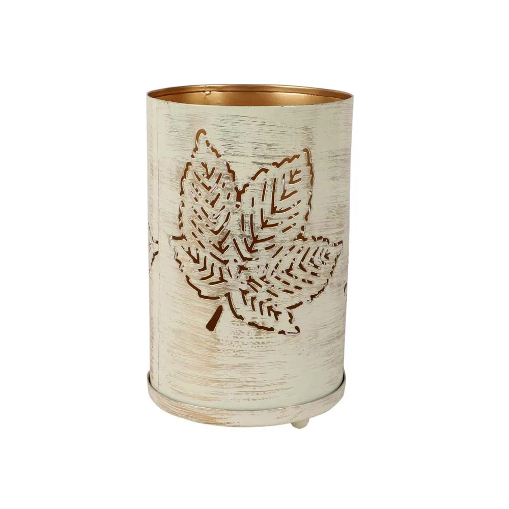 Maple Carved White Cylindrical Metal Tea Light Candle Holders Set Of 3