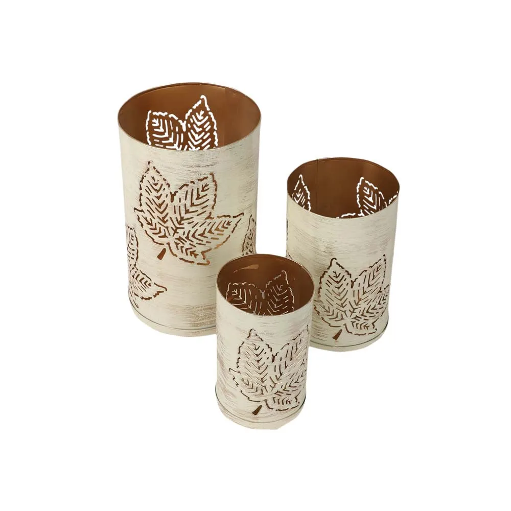 Maple Carved White Cylindrical Metal Tea Light Candle Holders Set Of 3