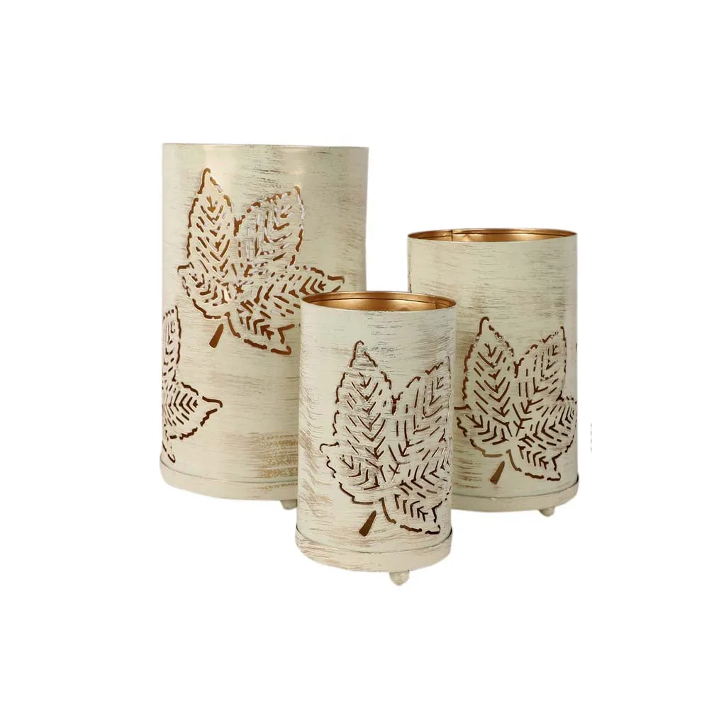 Maple Carved White Cylindrical Metal Tea Light Candle Holders Set Of 3