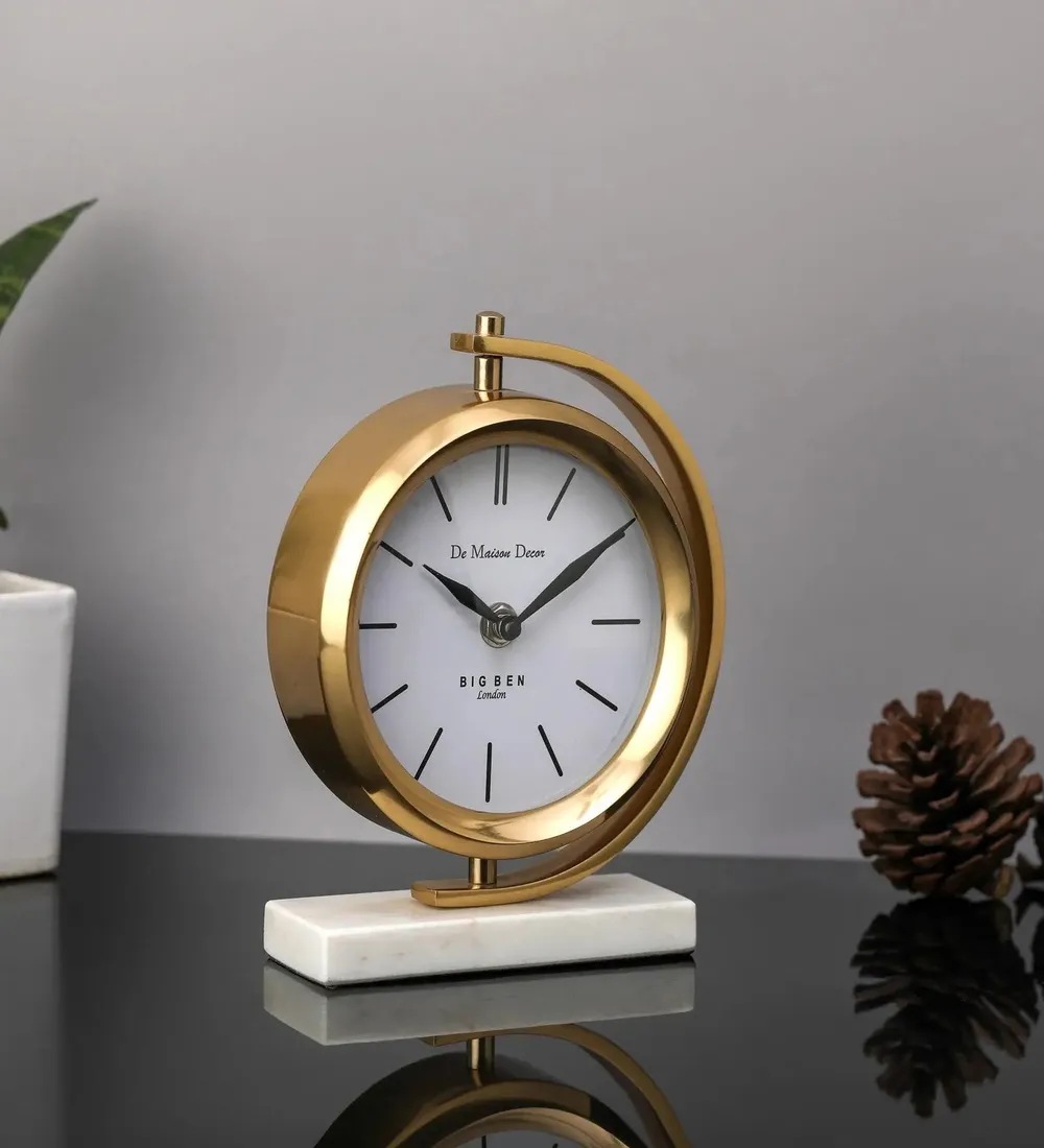 Marbellic Golden Table Clock with Sturdy White Marble Base