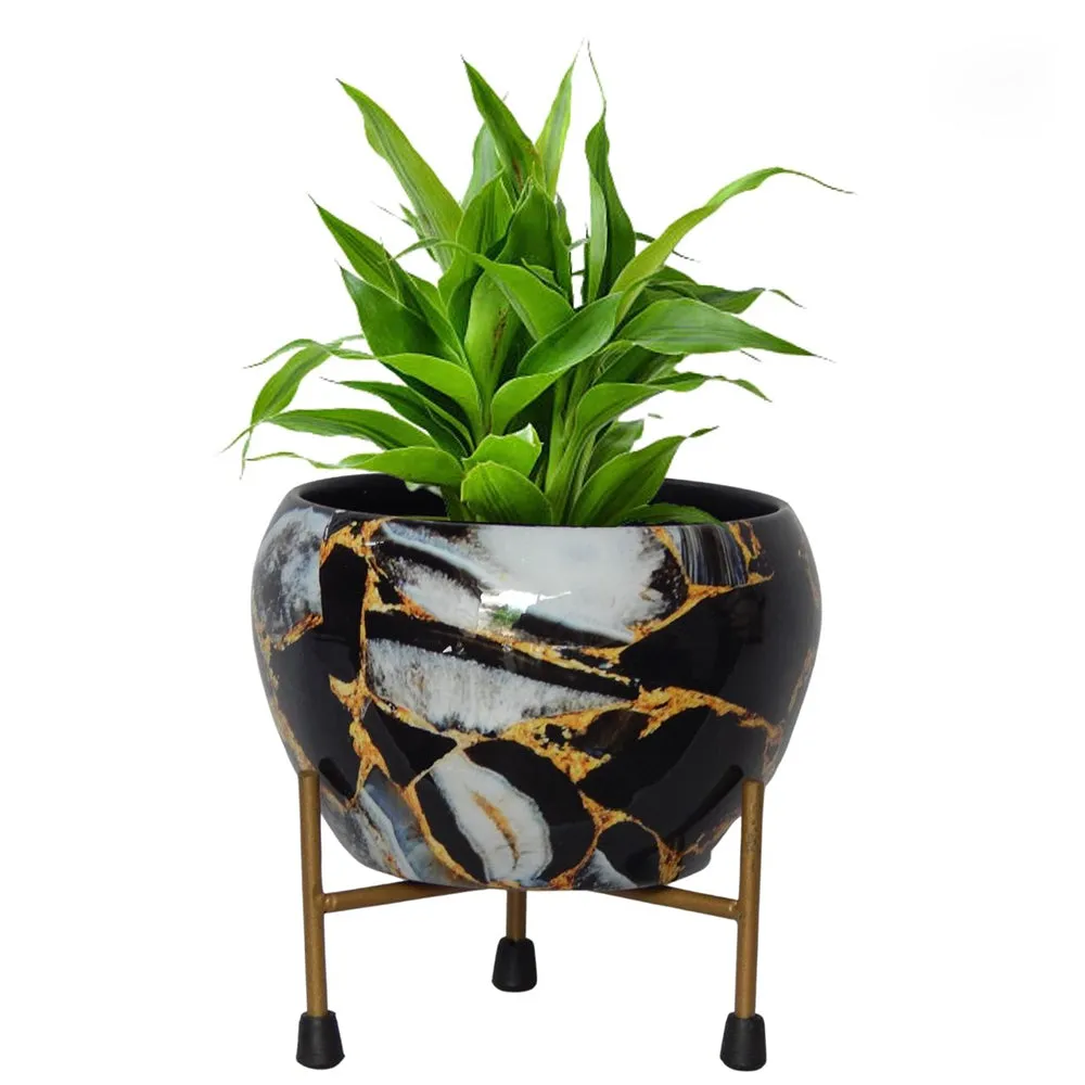 Marble Effect Black & White Indoor Metal Plant Stand with Pot Single Piece