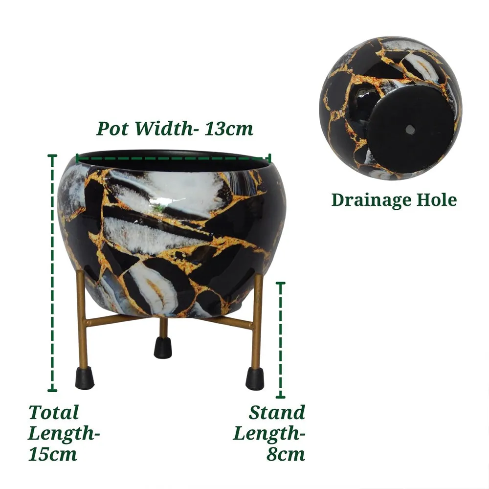 Marble Effect Black & White Indoor Metal Plant Stand with Pot Single Piece
