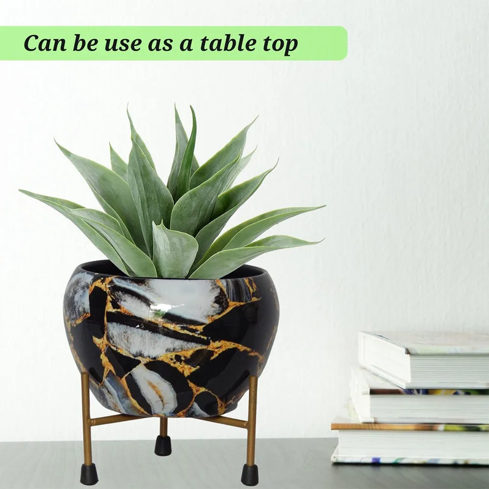 Marble Effect Black & White Indoor Metal Plant Stand with Pot Single Piece