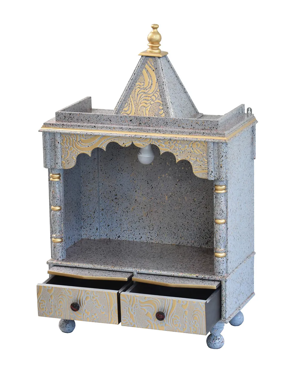 Marble Finish Engineered Wood Silver Pooja Temple