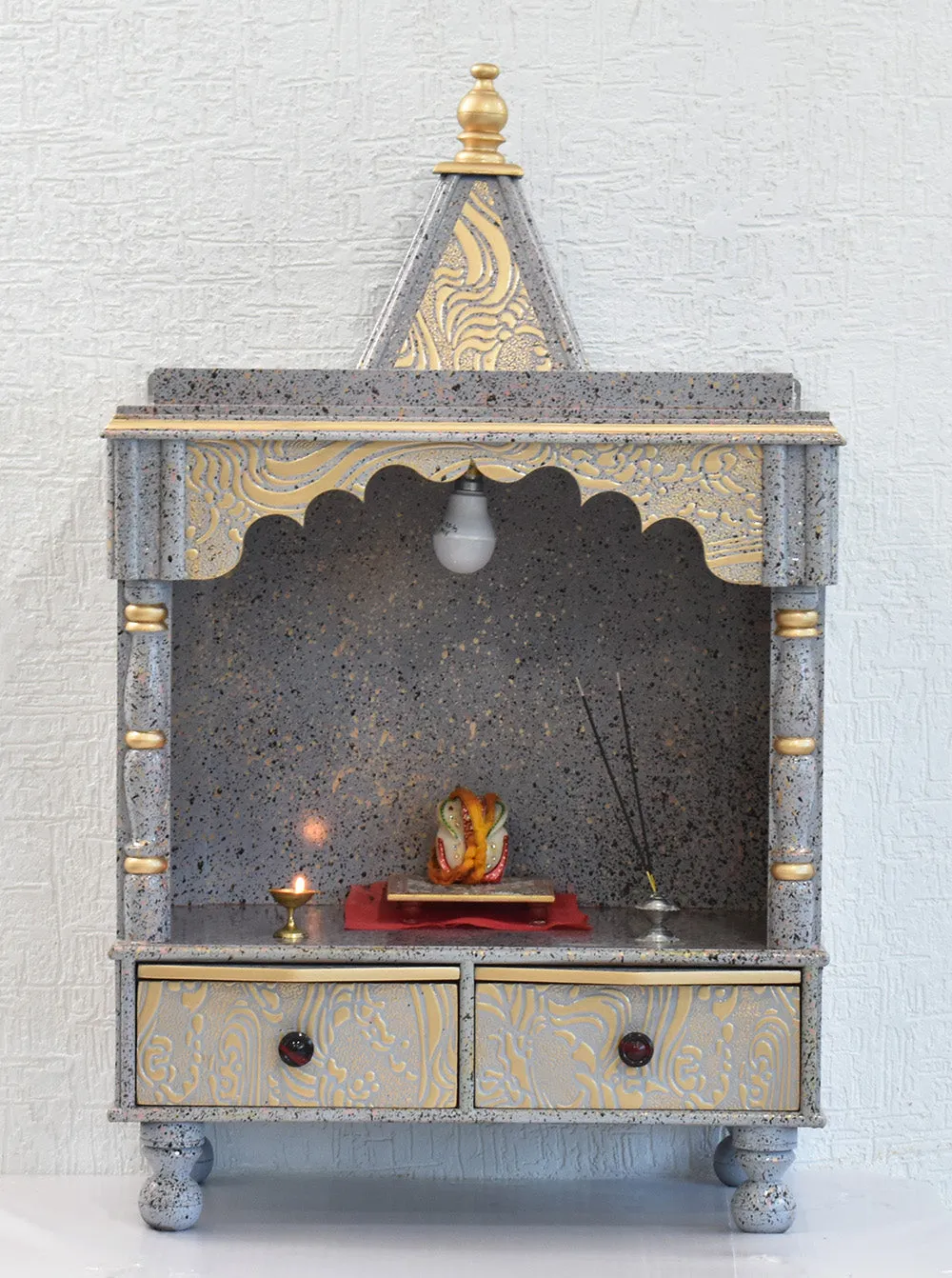 Marble Finish Engineered Wood Silver Pooja Temple