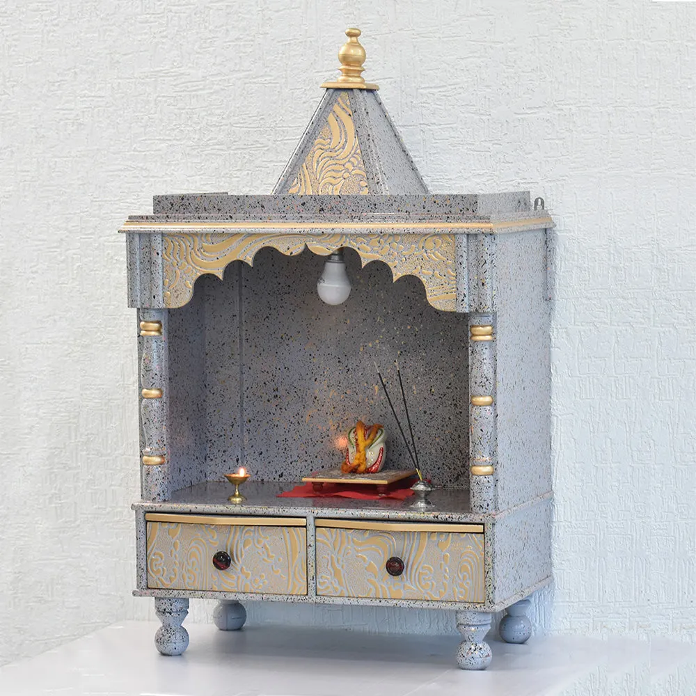 Marble Finish Engineered Wood Silver Pooja Temple