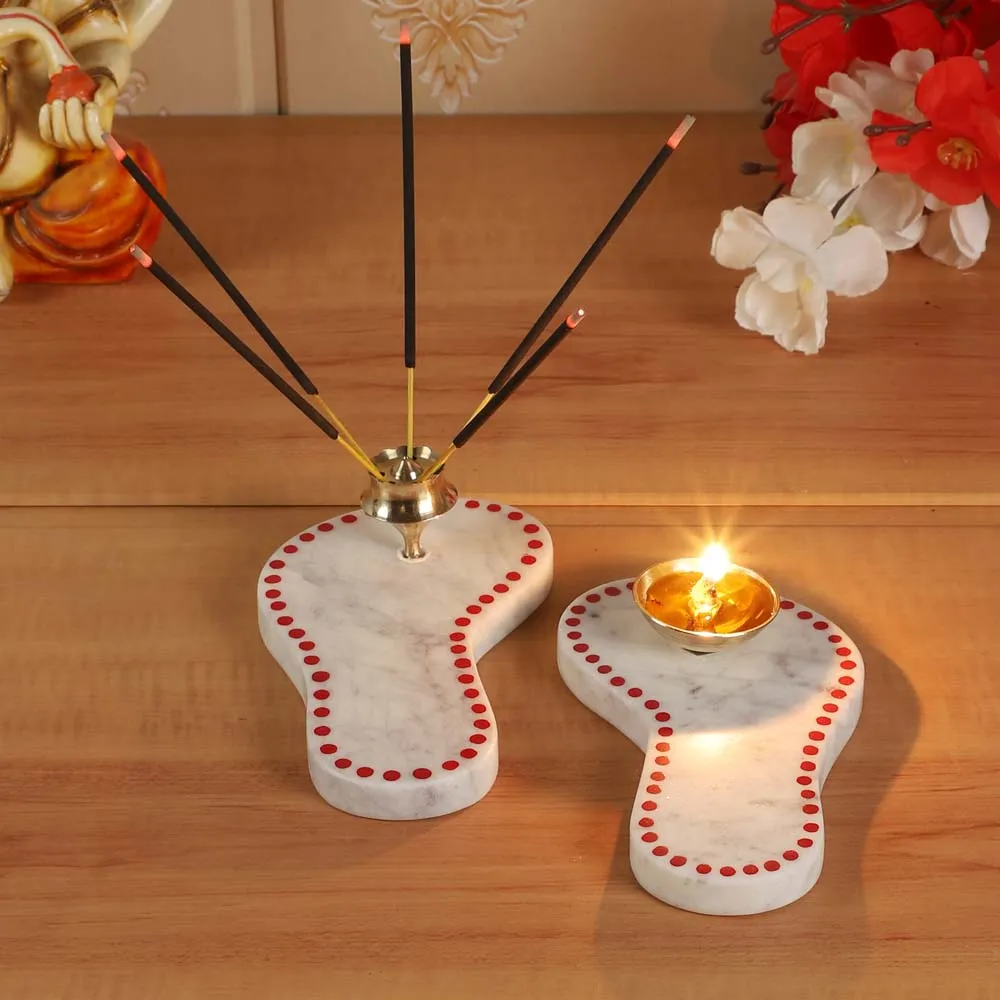 Marble Goddess Feet Diya & Agarbatti Stand