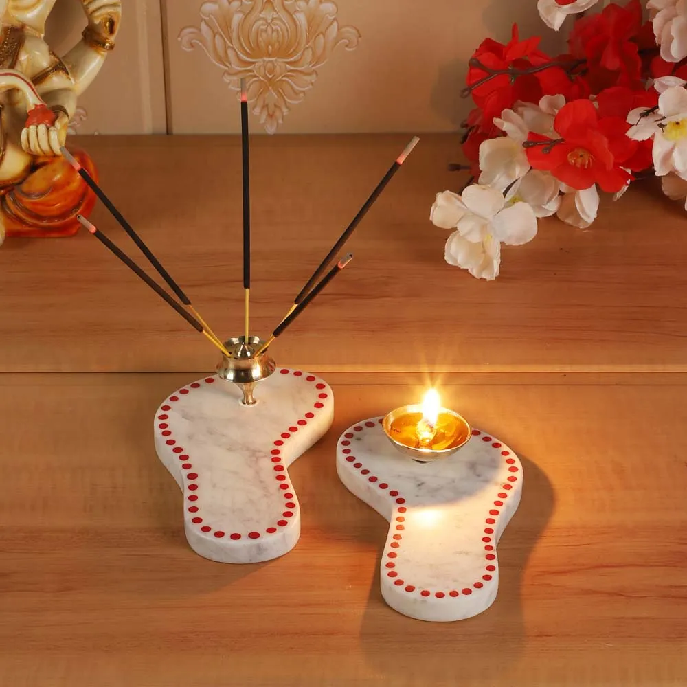 Marble Goddess Feet Diya & Agarbatti Stand