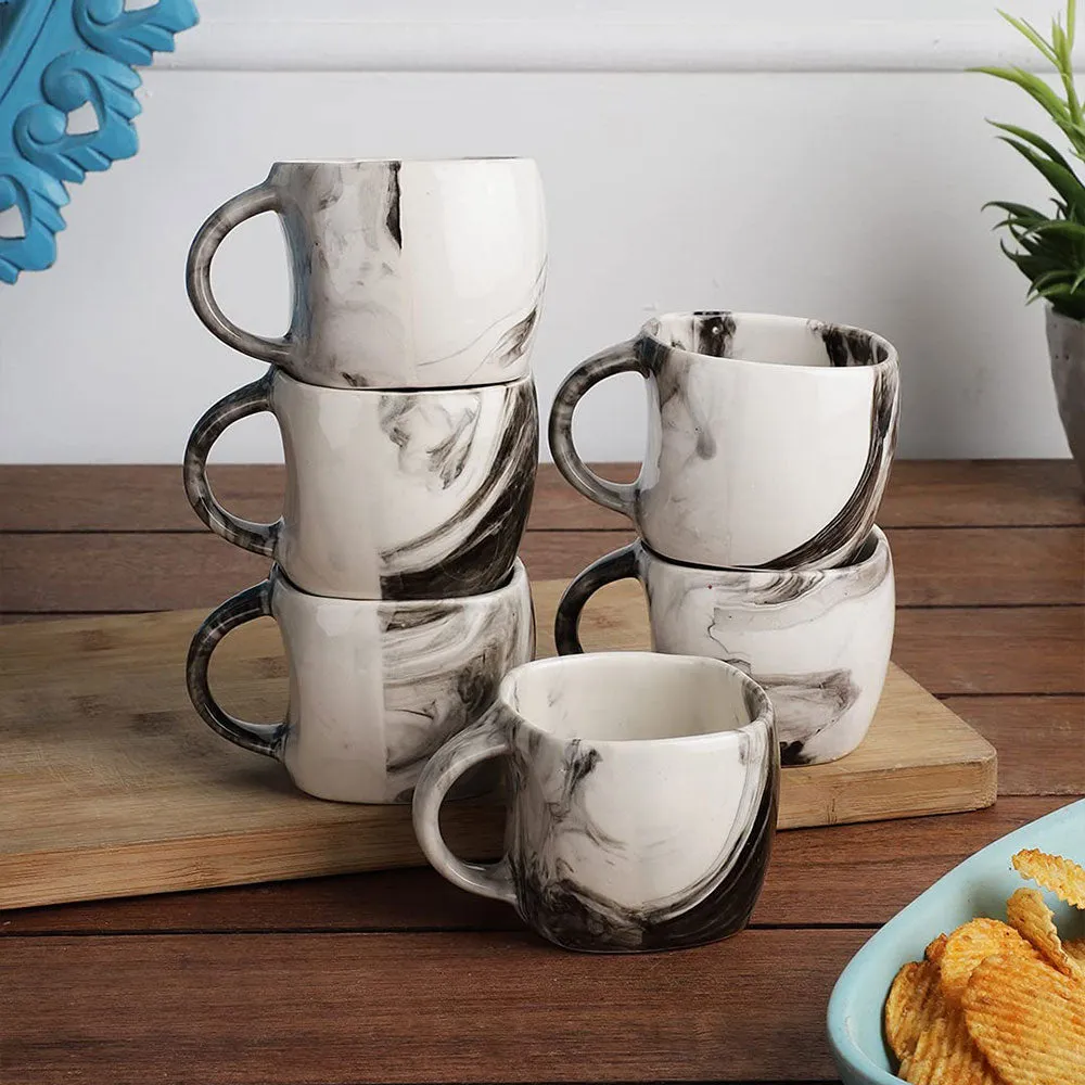 Marble Motif White &amp; Grey Ceramic Coffee Mugs Set Of 6