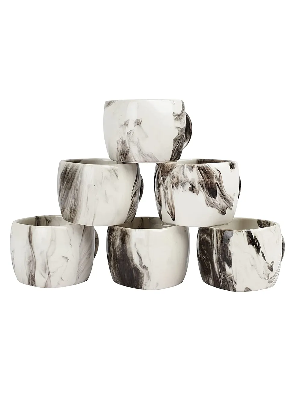 Marble Motif White &amp; Grey Ceramic Coffee Mugs Set Of 6