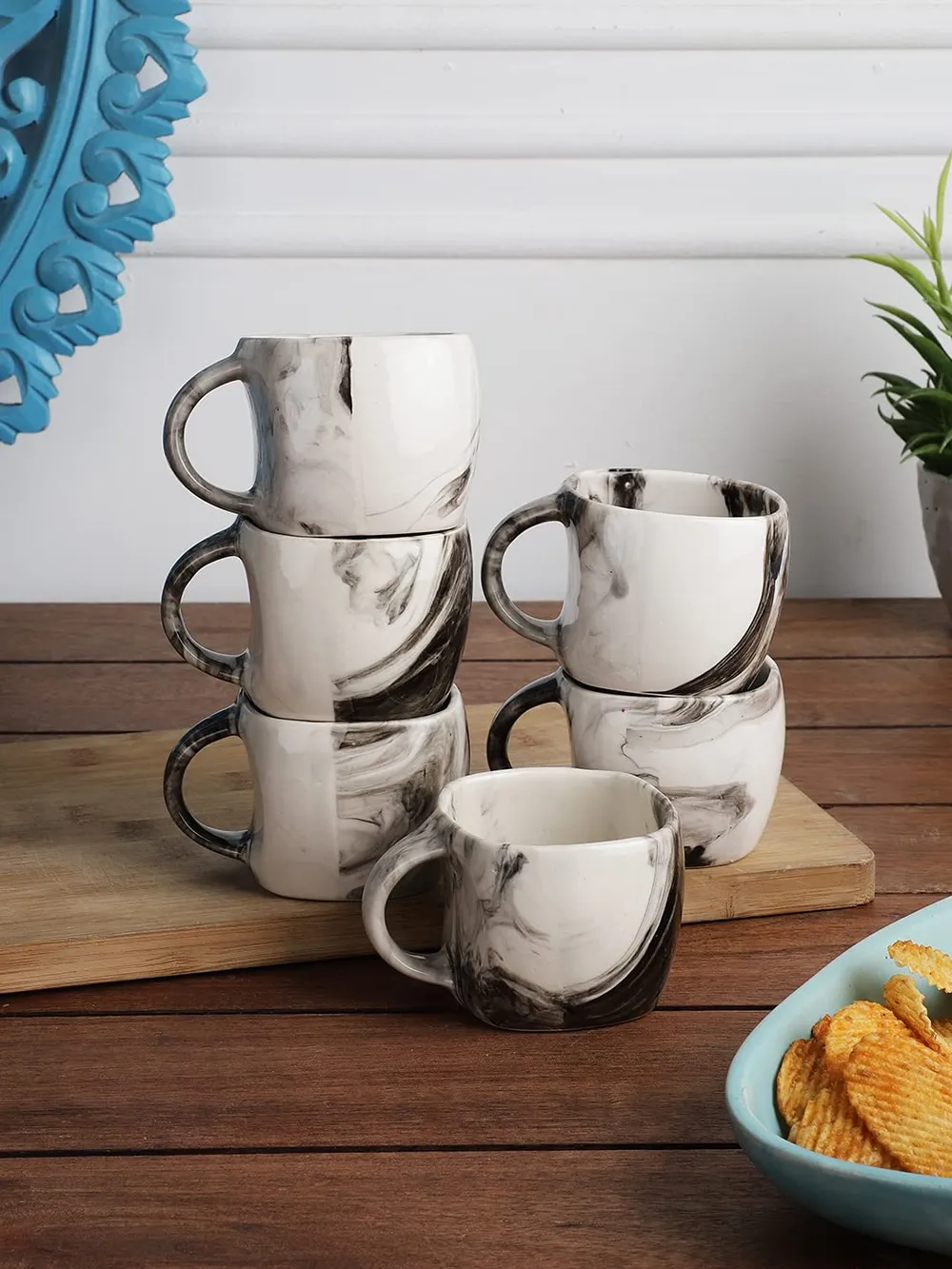 Marble Motif White &amp; Grey Ceramic Coffee Mugs Set Of 6