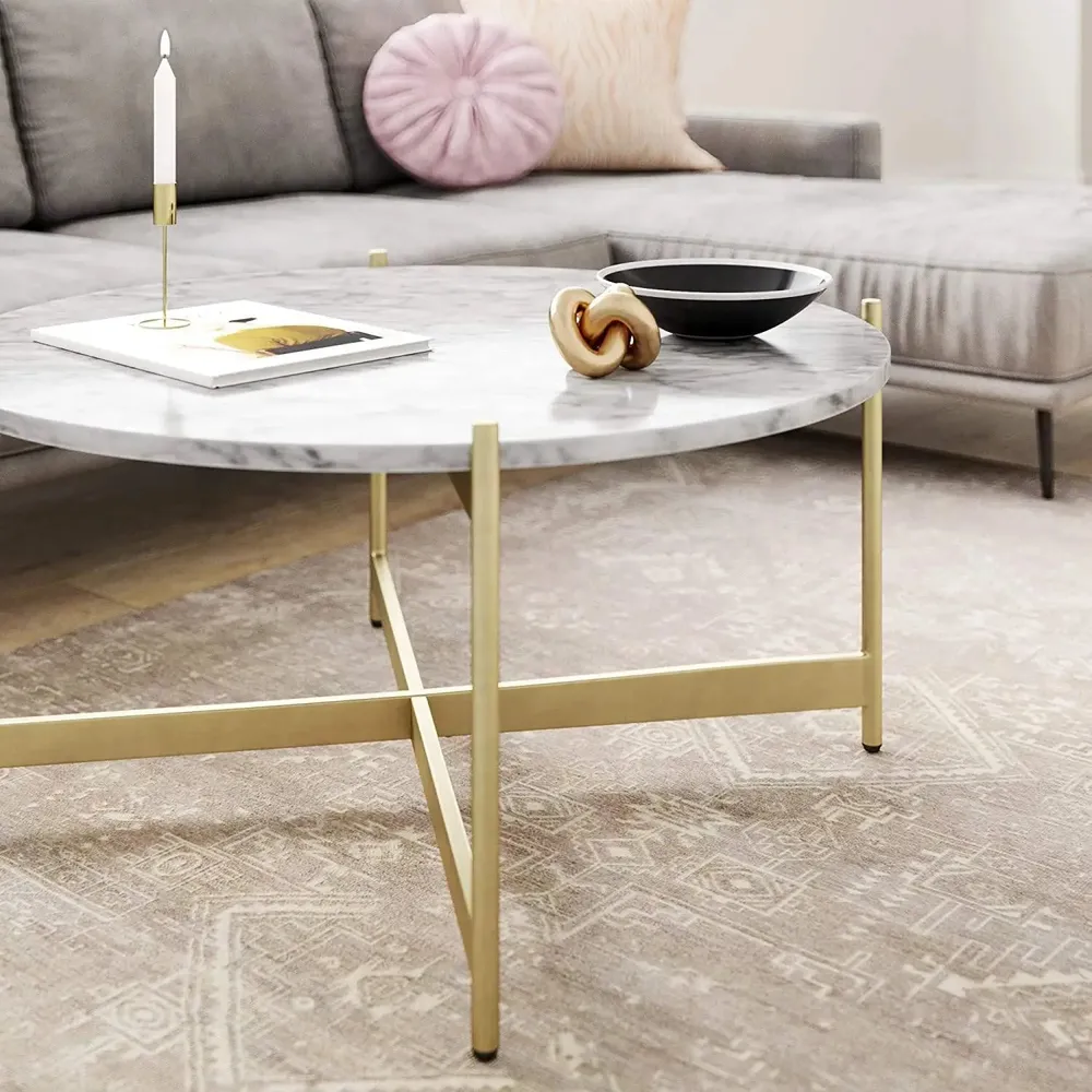 Marble Only For Minimalist Metal Coffee Table In Criss Cross Matte Gold Base