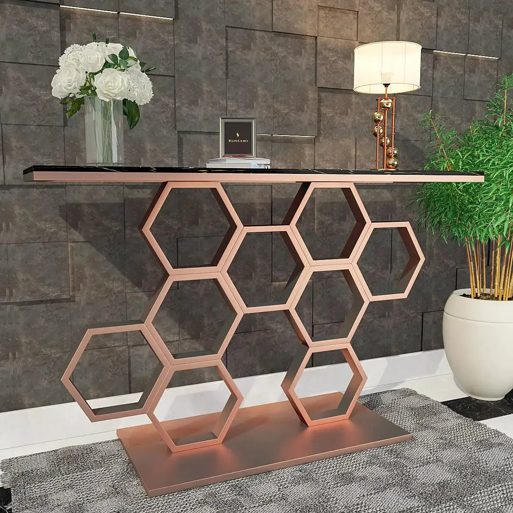 Marble only Honeycomb Motif Copper Metal Console Table