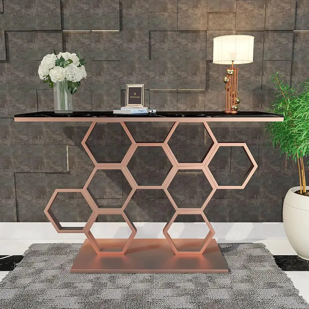 Marble only Honeycomb Motif Copper Metal Console Table