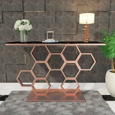 Marble only Honeycomb Motif Copper Metal Console Table