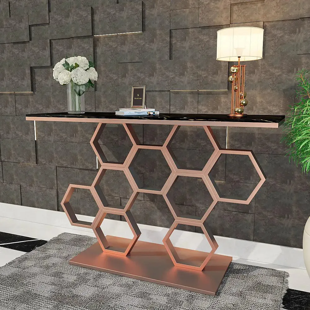 Marble only Honeycomb Motif Copper Metal Console Table