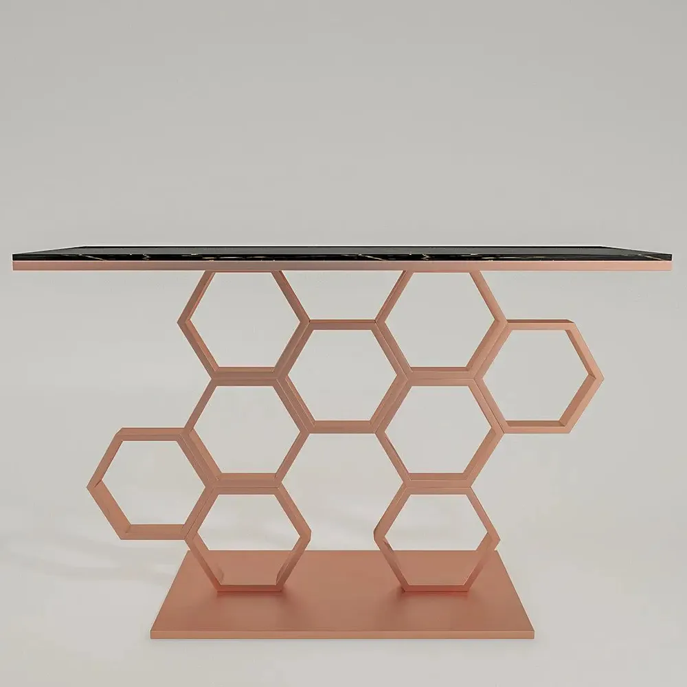Marble only Honeycomb Motif Copper Metal Console Table