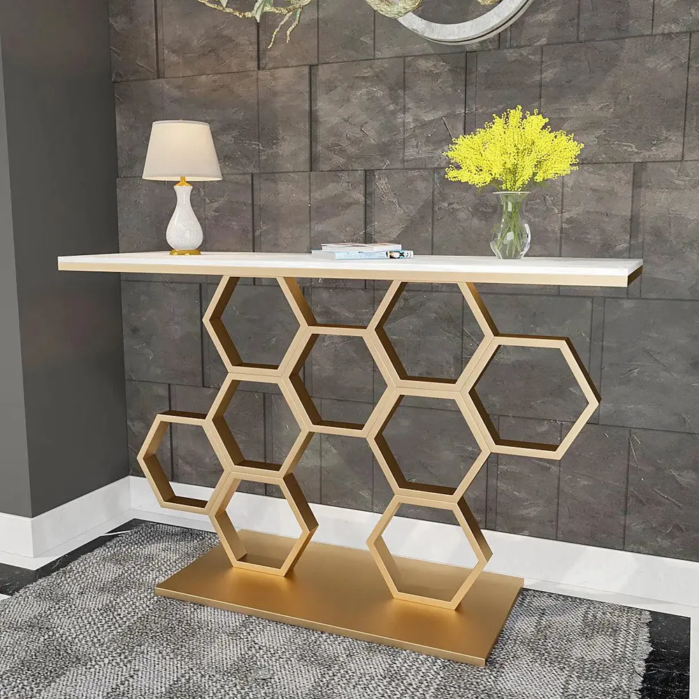 Marble only Honeycomb Motif Golden Metal Console Table