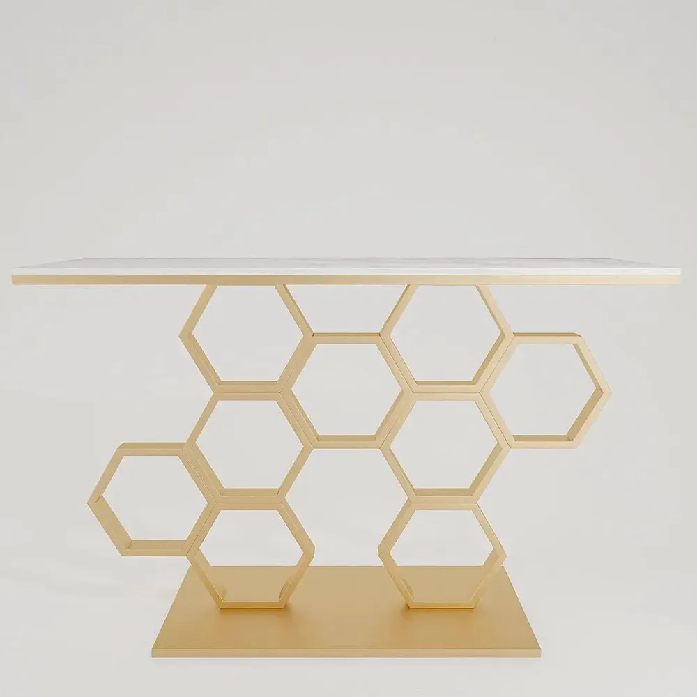 Marble only Honeycomb Motif Golden Metal Console Table