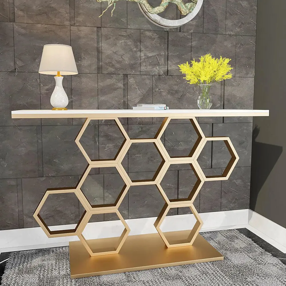Marble only Honeycomb Motif Golden Metal Console Table