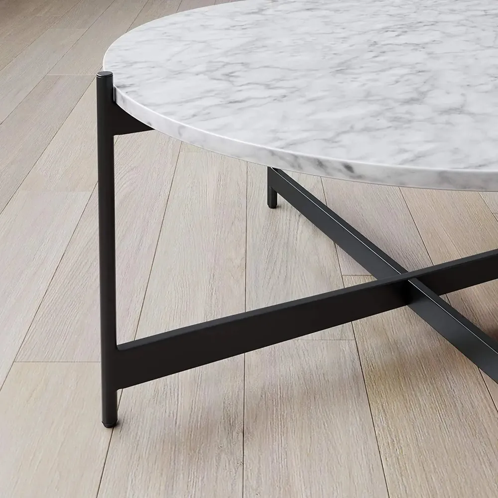 Marble only Minimalist Matte Black Metal Centre Table In Criss Cross Design