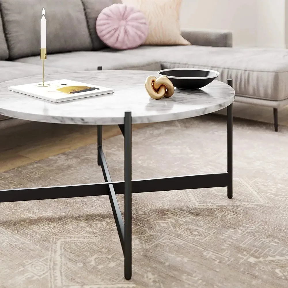 Marble only Minimalist Matte Black Metal Centre Table In Criss Cross Design