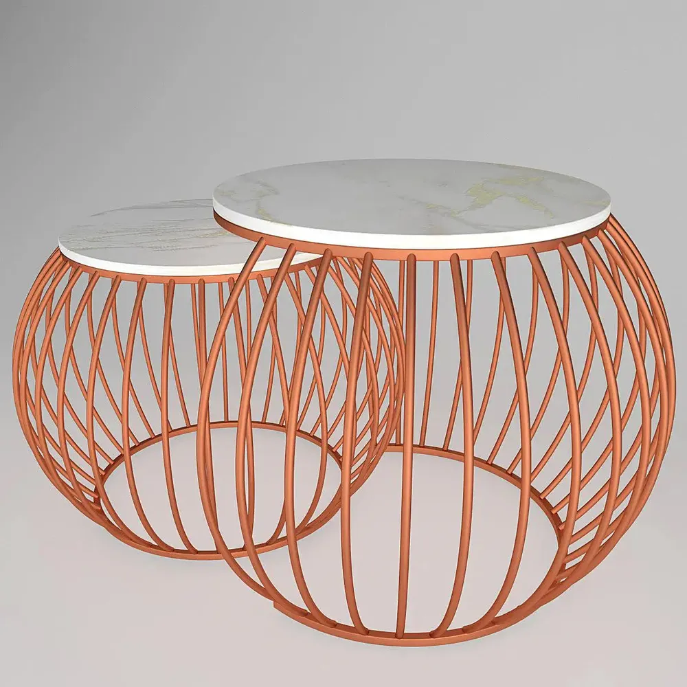 Marble only Ornate Round Copper Coffee Table (Set of 2) Large marble