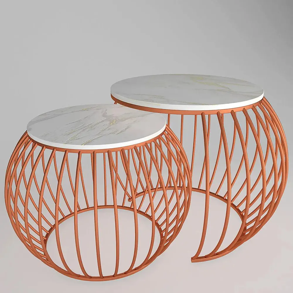 Marble only Ornate Round Copper Coffee Table (Set of 2) Large marble