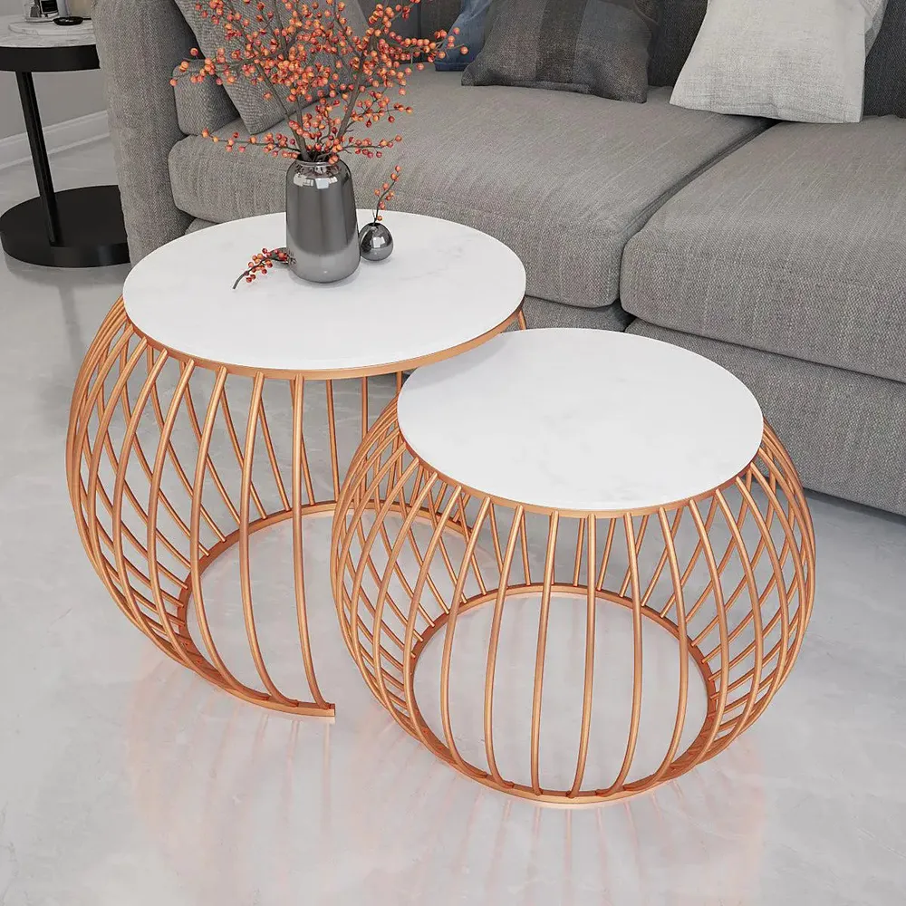 Marble only Ornate Round Copper Coffee Table (Set of 2) Large marble