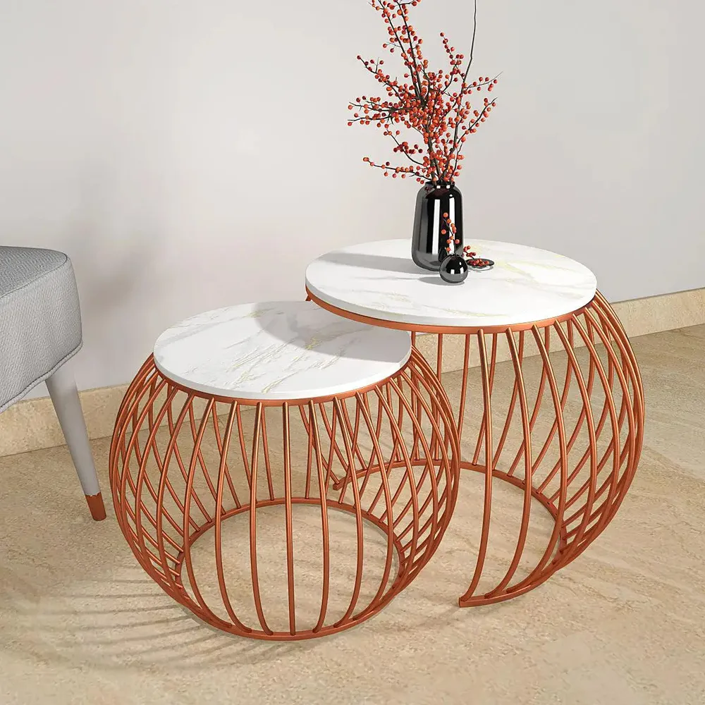 Marble only Ornate Round Copper Coffee Table (Set of 2) Large marble