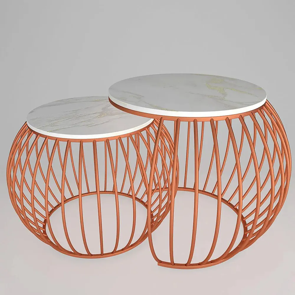 Marble only Ornate Round Copper Coffee Table (Set of 2) Large marble